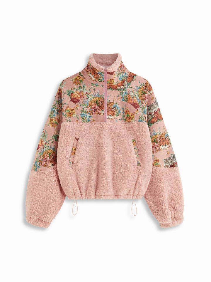Goblen Kedi Desenli Yarım Fermuarlı Polar Sweatshirt - Pembe