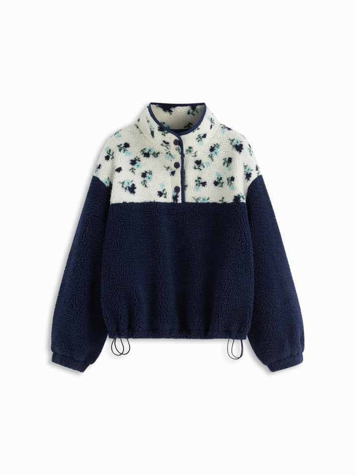Peluş Polar Dik Yaka Desenli Oversize Sweatshirt - Lacivert