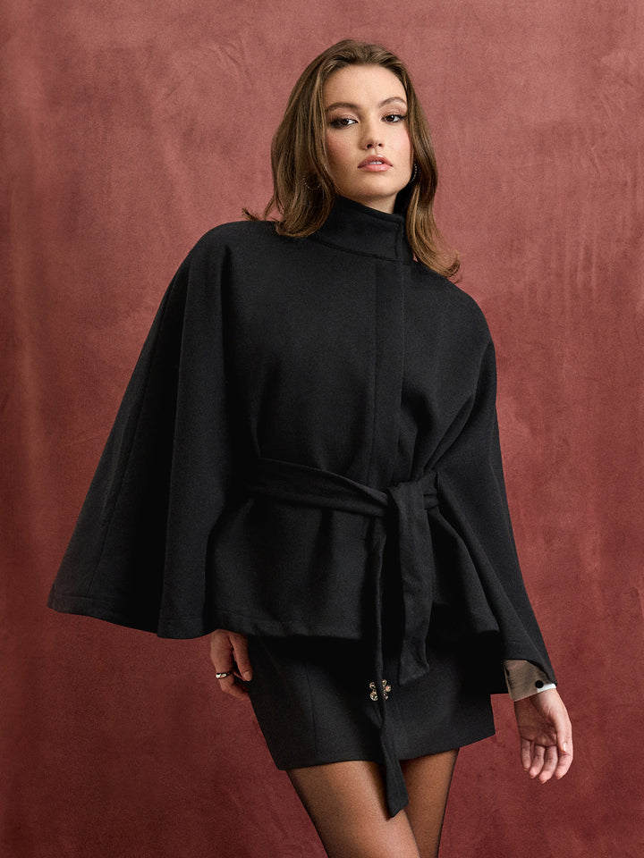 Yün Görünümlü Dik Yakalı Pelerin Kollu Oversize Ceket - Siyah