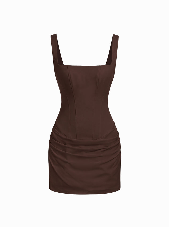 Kare Yaka Korse Dikişli Drapeli Bodycon Mini Elbise - Kahve