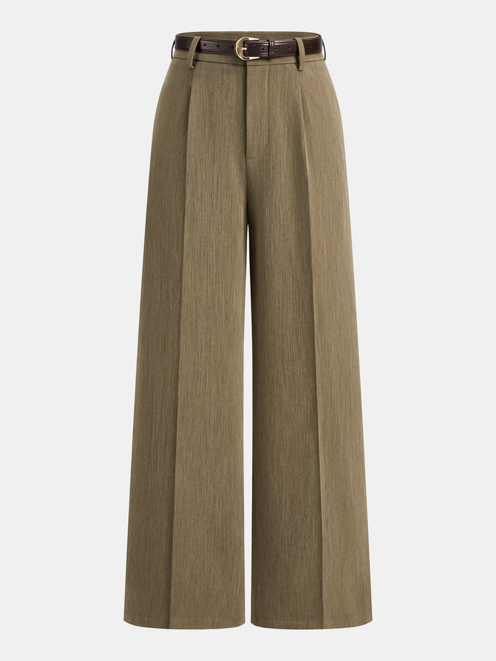 Pileli Kemerli Bol Paça Kumaş Pantolon - Camel