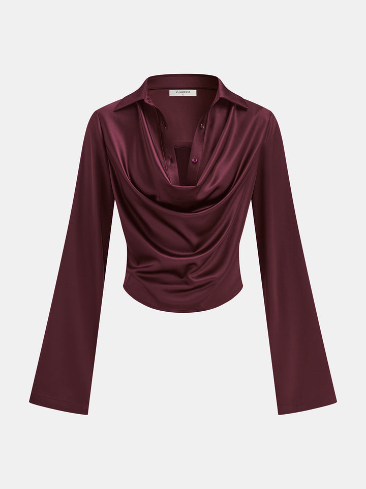 Drape Yakalı Gömlek Formlu Saten Bluz - Bordo