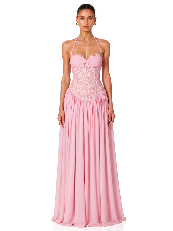 Joelle Halter Dantel Korse Maksi Elbise - Pembe