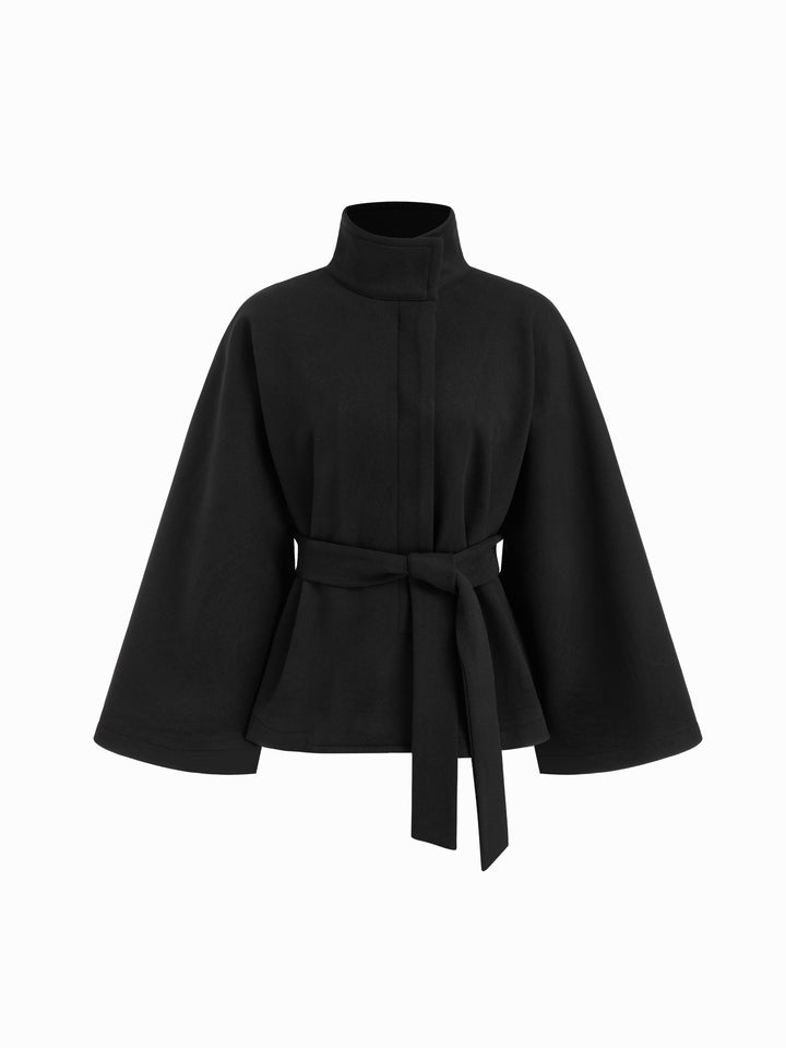 Yün Görünümlü Dik Yakalı Pelerin Kollu Oversize Ceket - Siyah detay 1