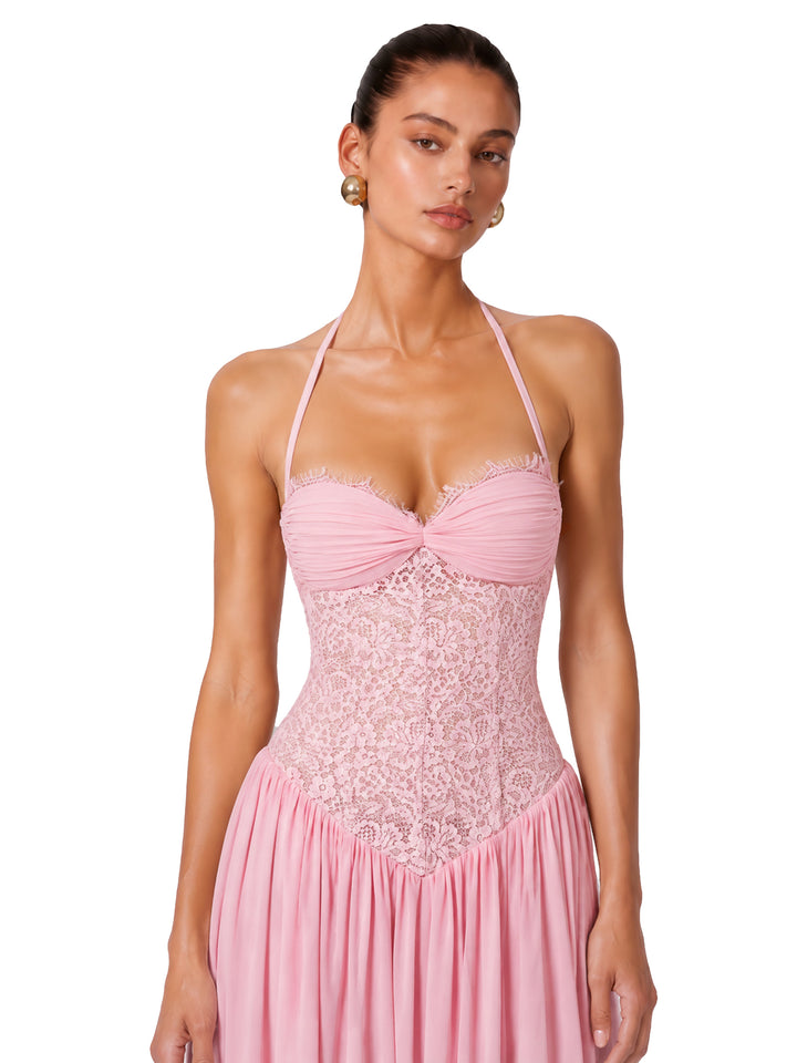Joelle Halter Dantel Korse Maksi Elbise - Pembe detay 1