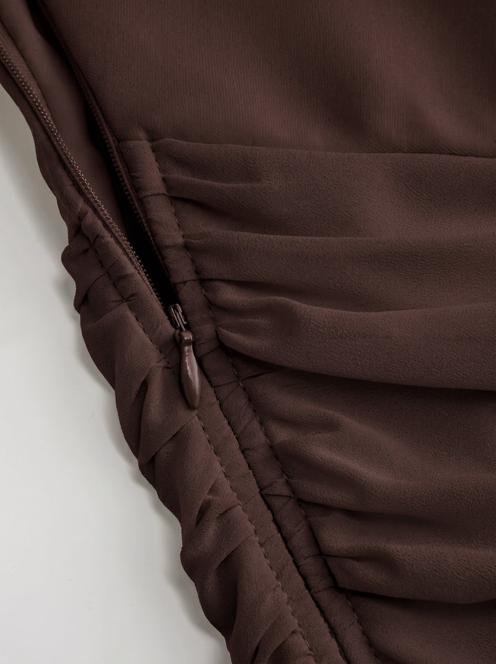 Kare Yaka Korse Dikişli Drapeli Bodycon Mini Elbise - Kahve detay 2