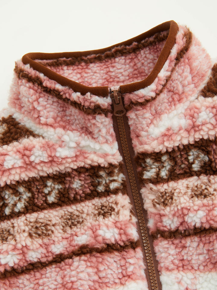 Jakar Desenli Dik Yakalı Fermuarlı Peluş Polar Yelek - Pembe detay 1