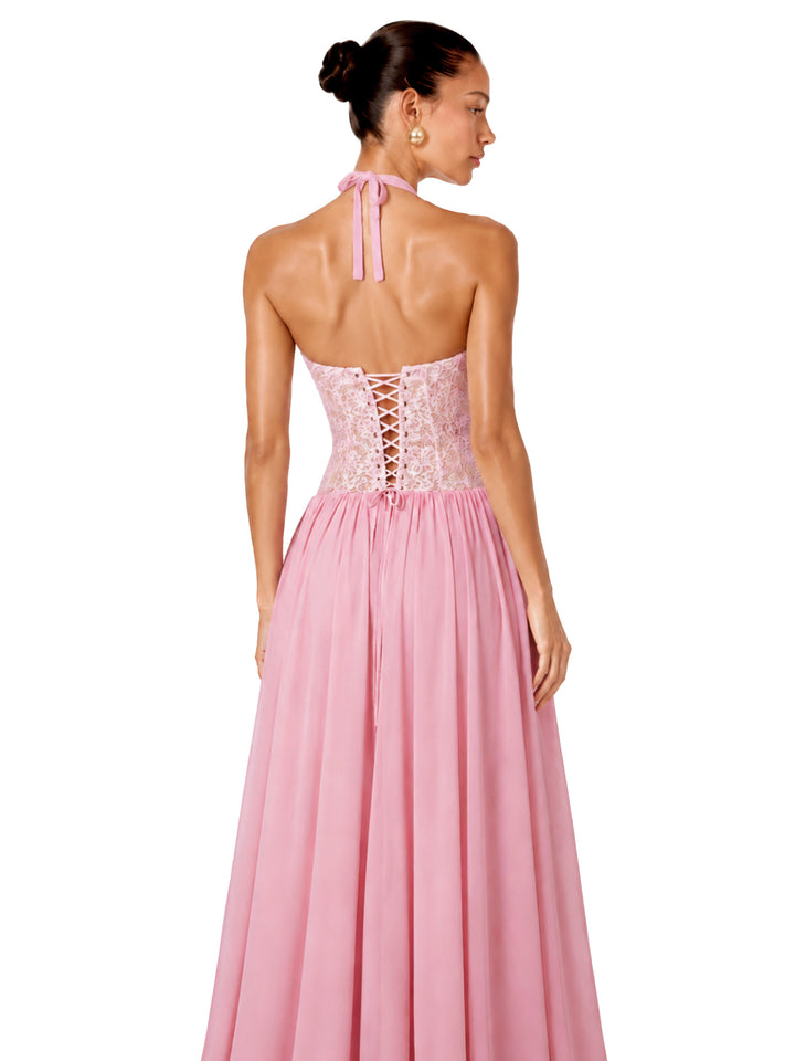 Joelle Halter Dantel Korse Maksi Elbise - Pembe detay 2