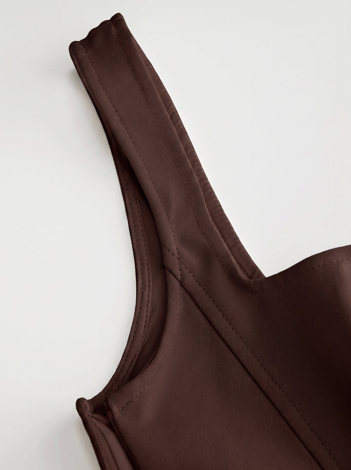 Kare Yaka Korse Dikişli Drapeli Bodycon Mini Elbise - Kahve detay 3