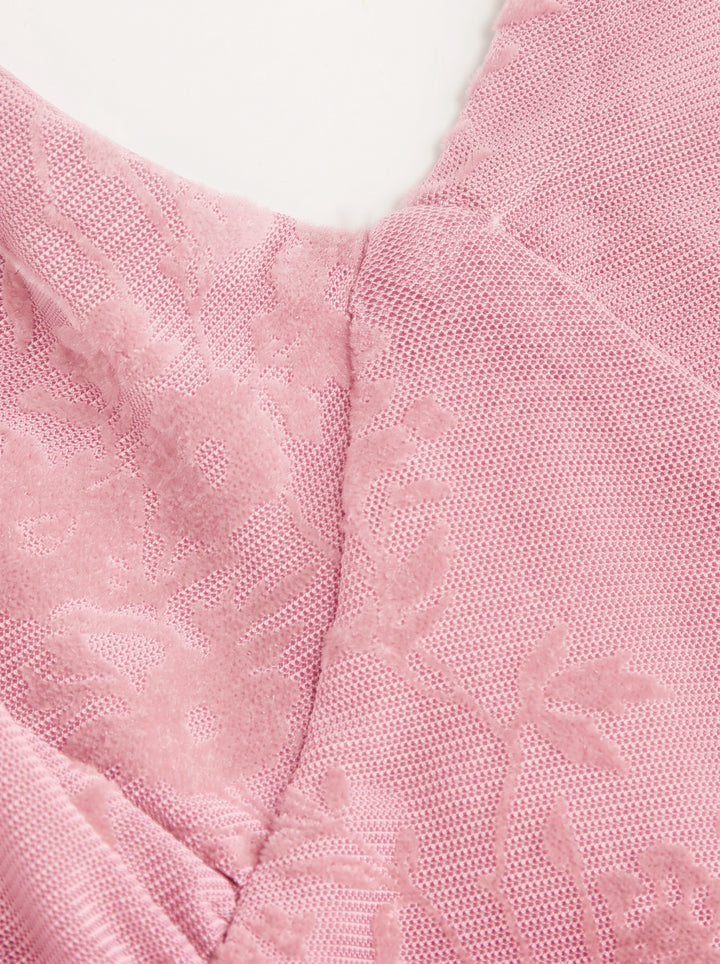 Flok Çiçek Desenli Halter Yaka Balık Etek Maksi Elbise - Pembe detay 4