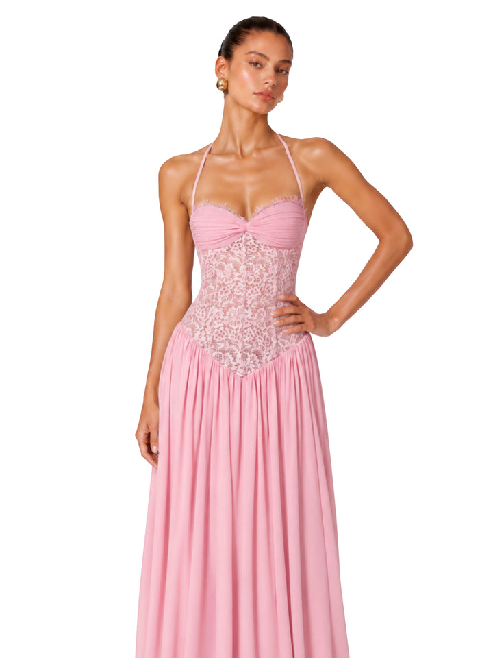 Joelle Halter Dantel Korse Maksi Elbise - Pembe detay 4