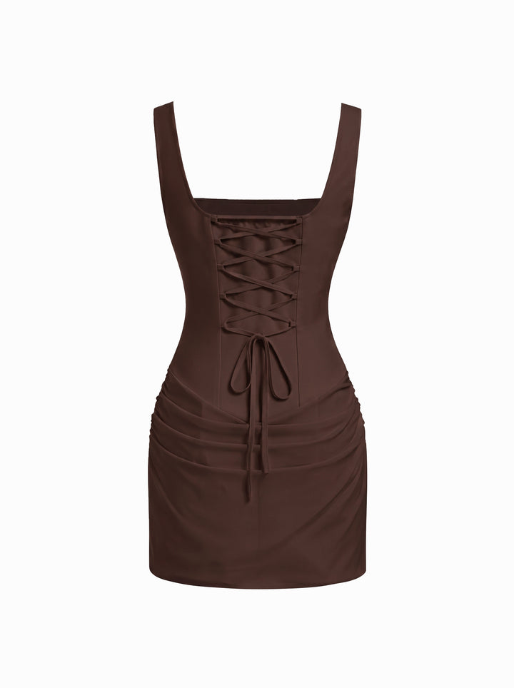 Kare Yaka Korse Dikişli Drapeli Bodycon Mini Elbise - Kahve detay 5