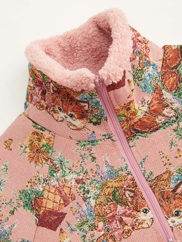 Goblen Kedi Desenli Yarım Fermuarlı Polar Sweatshirt - Pembe detay 4