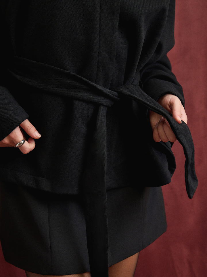 Yün Görünümlü Dik Yakalı Pelerin Kollu Oversize Ceket - Siyah detay 5