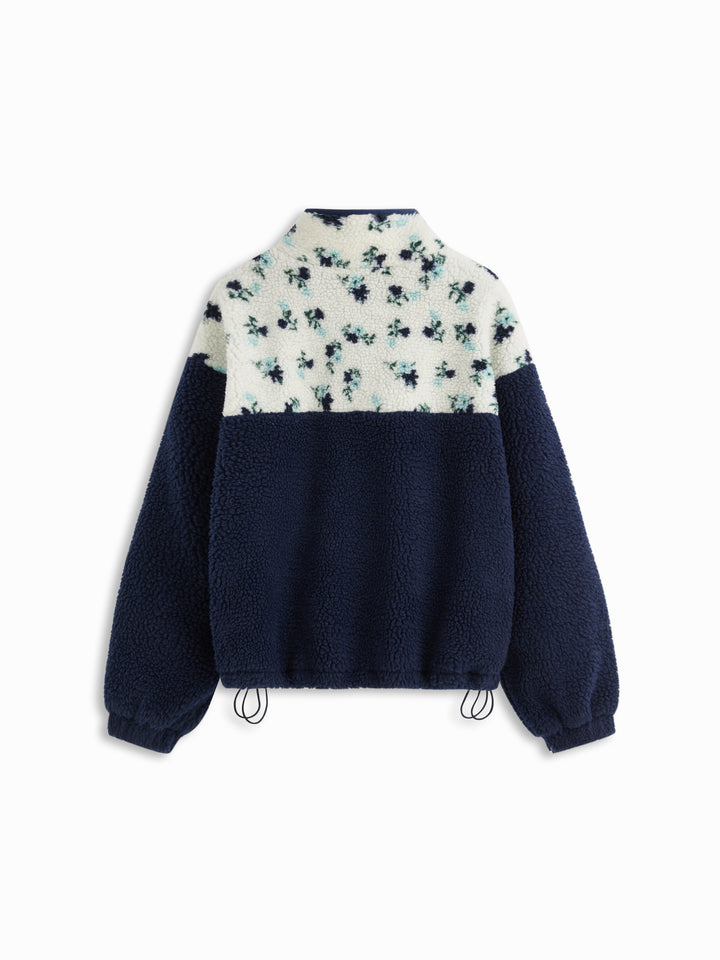 Peluş Polar Dik Yaka Desenli Oversize Sweatshirt - Lacivert detay 5