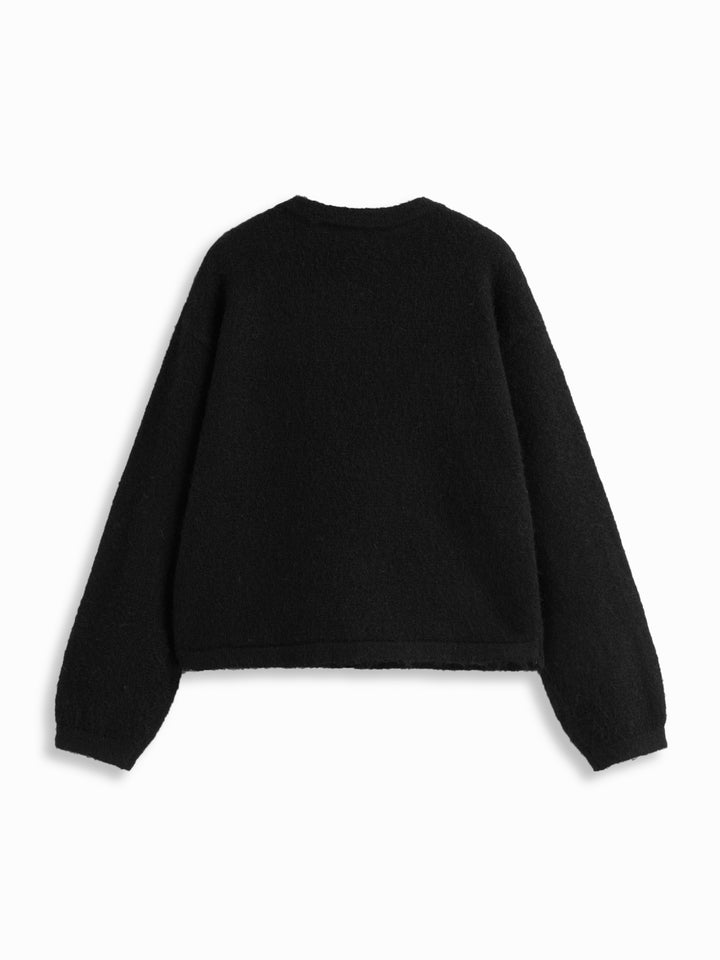 Boğum Düğmeli Yün Karışımlı Oversize Triko Hırka - Siyah detay 5