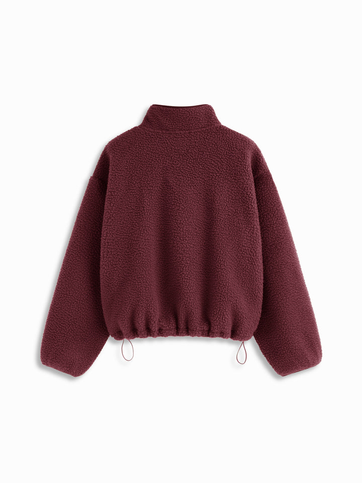 Sherpa Polar Dik Yakalı Çıtçıtlı Oversize Sweatshirt - Bordo detay 4