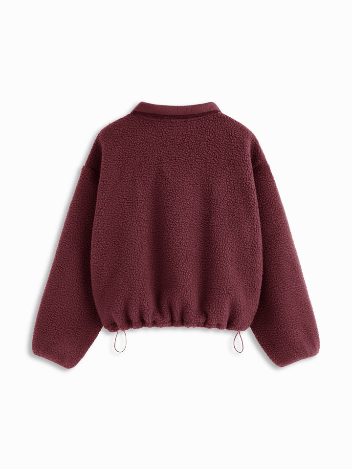 Sherpa Polar Dik Yakalı Çıtçıtlı Oversize Sweatshirt - Bordo detay 5