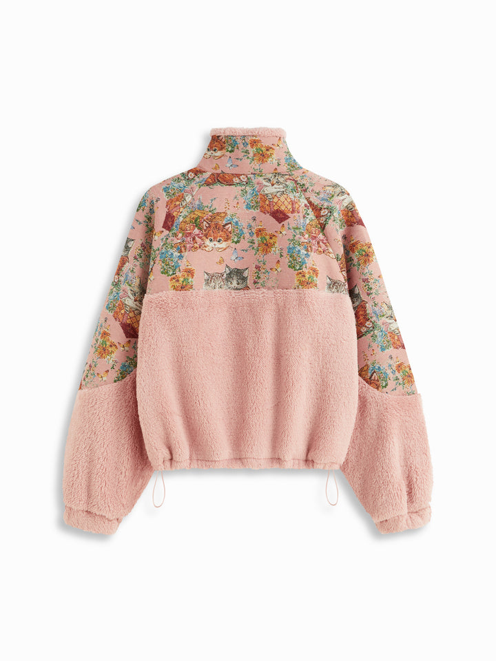 Goblen Kedi Desenli Yarım Fermuarlı Polar Sweatshirt - Pembe detay 6