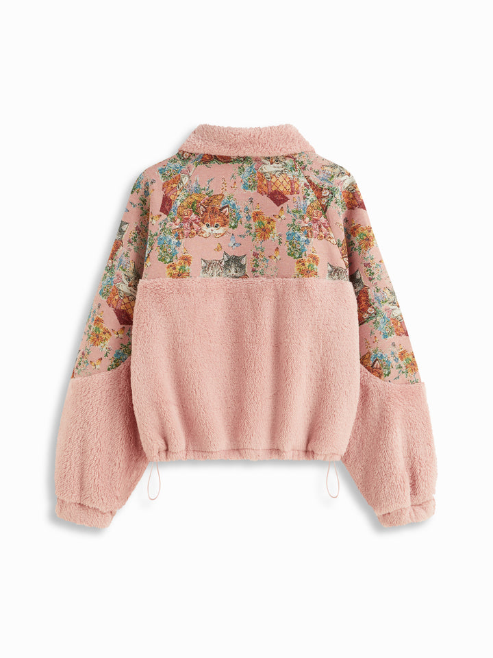 Goblen Kedi Desenli Yarım Fermuarlı Polar Sweatshirt - Pembe detay 7