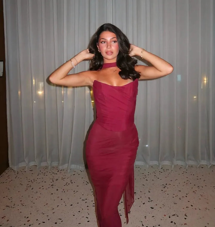 Aniyah Askısız Bodycon Maxi Elbise Bordo Tek Omuz Görsel 10 - SvelteChic