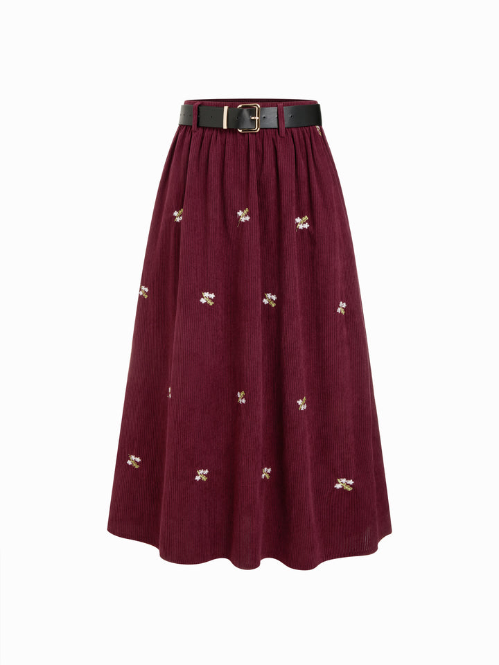 Fitilli Kadife Çiçek İşlemeli Kemerli Maksi Etek - Bordo