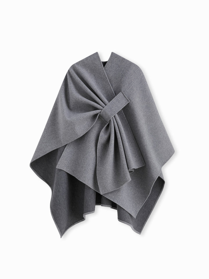 Yün Görünümlü Bantlı Pelerin Şal - Gri