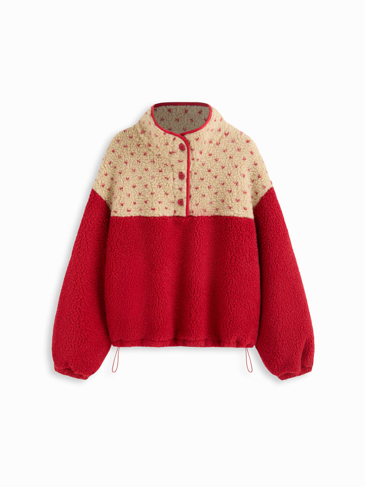 Peluş Polar Dik Yaka Desenli Oversize Sweatshirt - Kırmızı