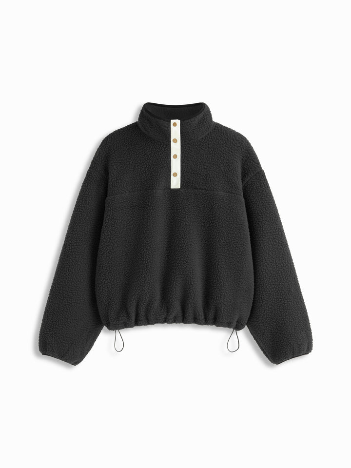 Sherpa Polar Dik Yakalı Çıtçıtlı Oversize Sweatshirt - Siyah