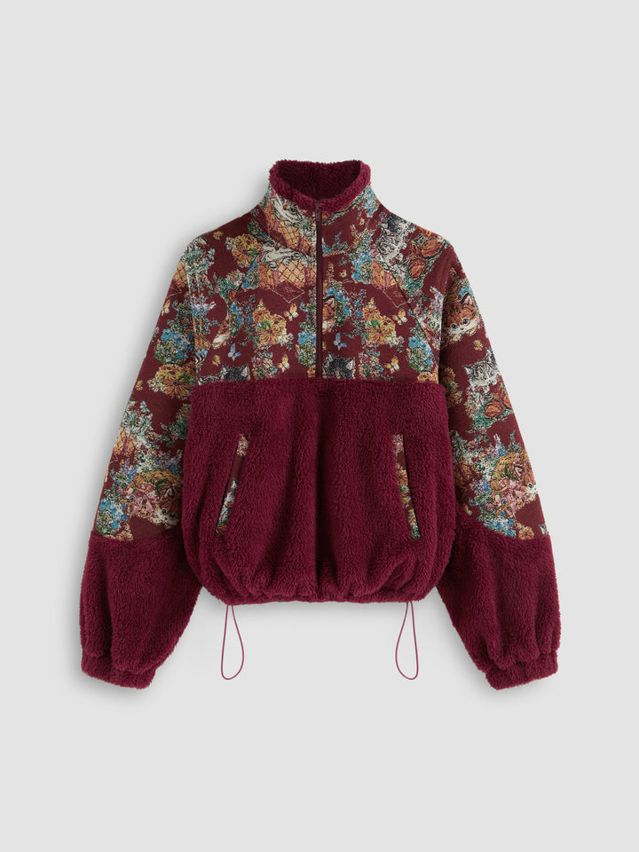 Goblen Kedi Desenli Yarım Fermuarlı Polar Sweatshirt - Bordo