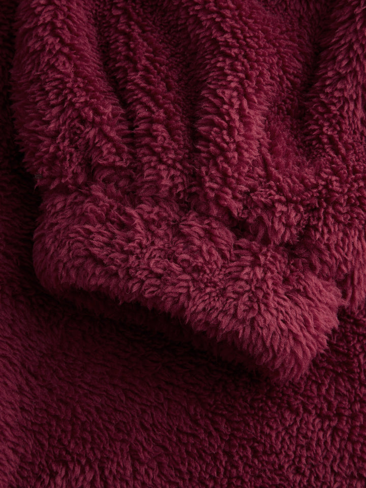 Goblen Kedi Desenli Yarım Fermuarlı Polar Sweatshirt - Bordo detay 3