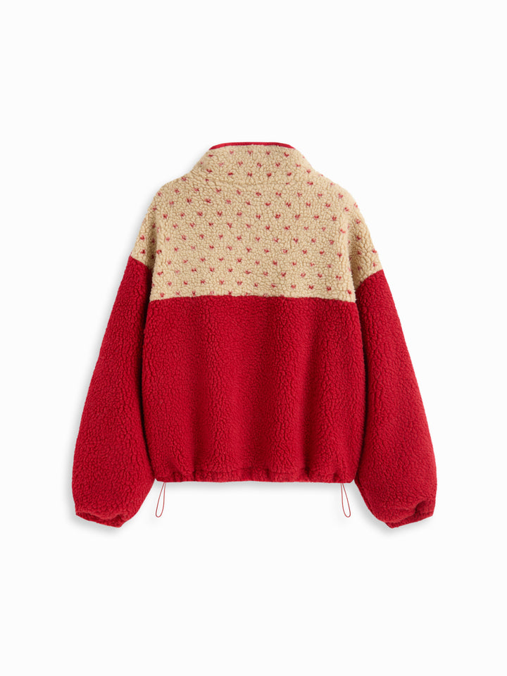 Peluş Polar Dik Yaka Desenli Oversize Sweatshirt - Kırmızı detay 5
