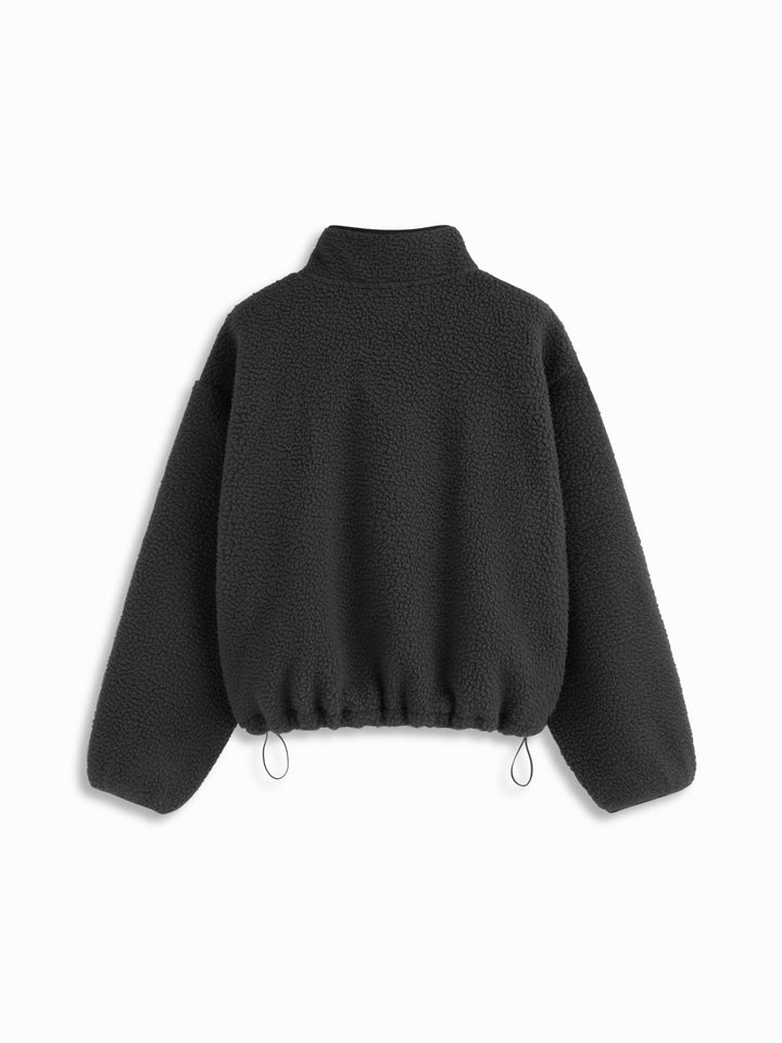 Sherpa Polar Dik Yakalı Çıtçıtlı Oversize Sweatshirt - Siyah detay 4