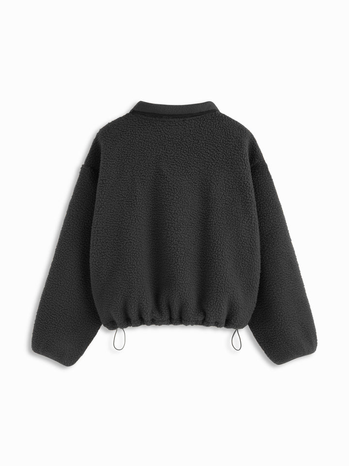 Sherpa Polar Dik Yakalı Çıtçıtlı Oversize Sweatshirt - Siyah detay 5