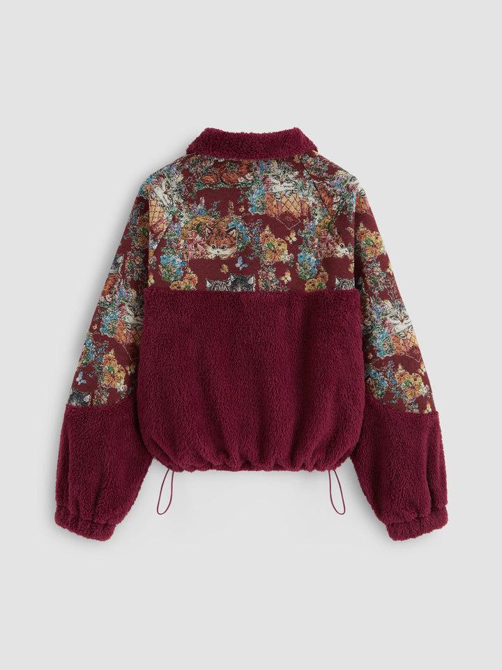 Goblen Kedi Desenli Yarım Fermuarlı Polar Sweatshirt - Bordo detay 5