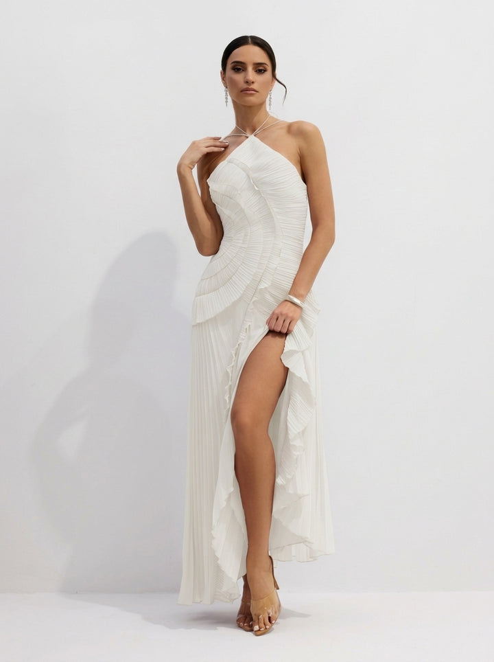 Halter Yaka Maxi Elbise Mor Pileli Detaylı Görsel 8 - SvelteChic