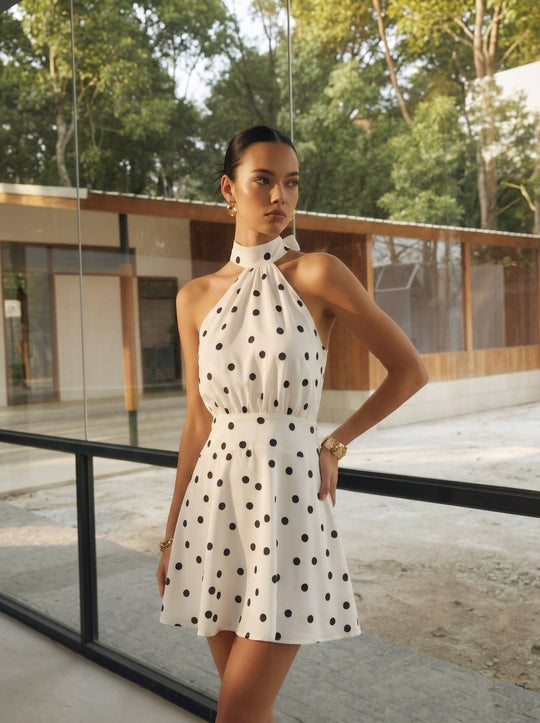 Puantiyeli Halter Yaka Mini Elbise Beyaz Sırtı Açık A Kesim - SvelteChic Kadın Giyim