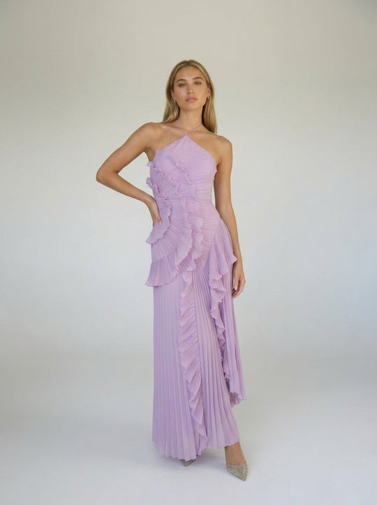 Halter Yaka Maxi Elbise Mor Pileli Detaylı - SvelteChic Kadın Giyim