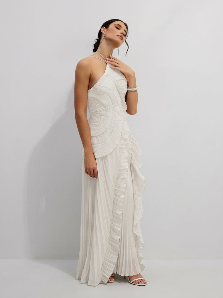 Halter Yaka Maxi Elbise Mor Pileli Detaylı Görsel 9 - SvelteChic