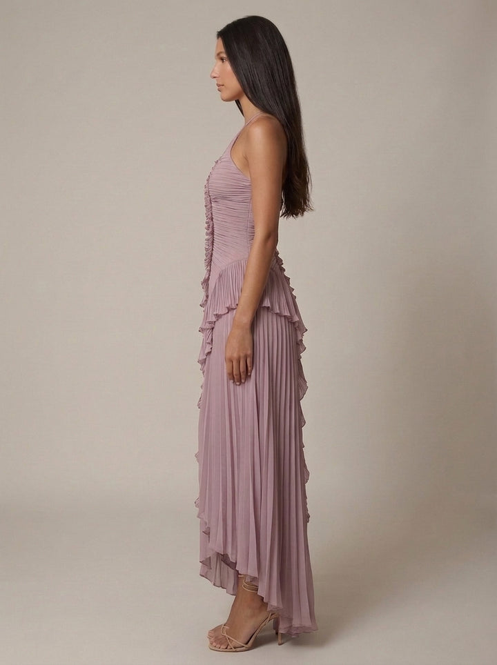 Halter Yaka Maxi Elbise Mor Pileli Detaylı Görsel 16 - SvelteChic