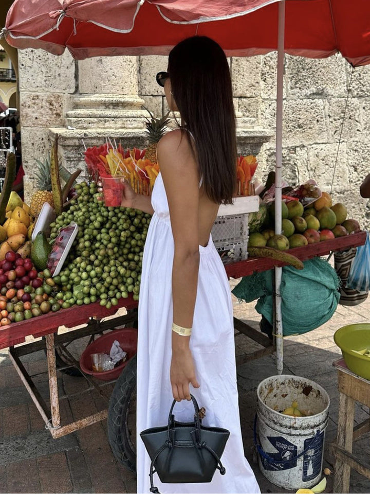 V Yaka Askılı Uzun Elbise Beyaz Arkası Açık Pamuk