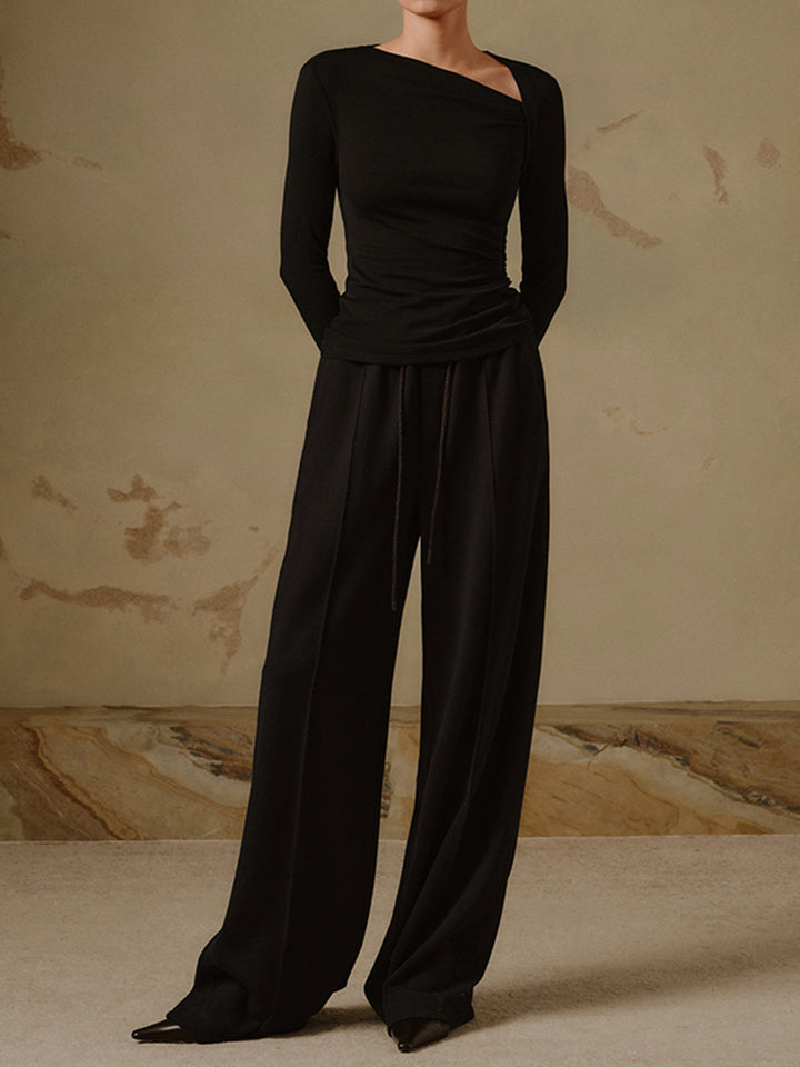 Asimetrik Yaka Fitilli Bluz Siyah Uzun Kollu