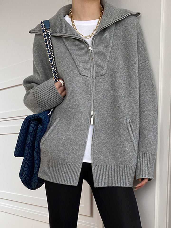 Yaka Detay Oversize Hırka Gri Fermuarlı Kombin - SvelteChic