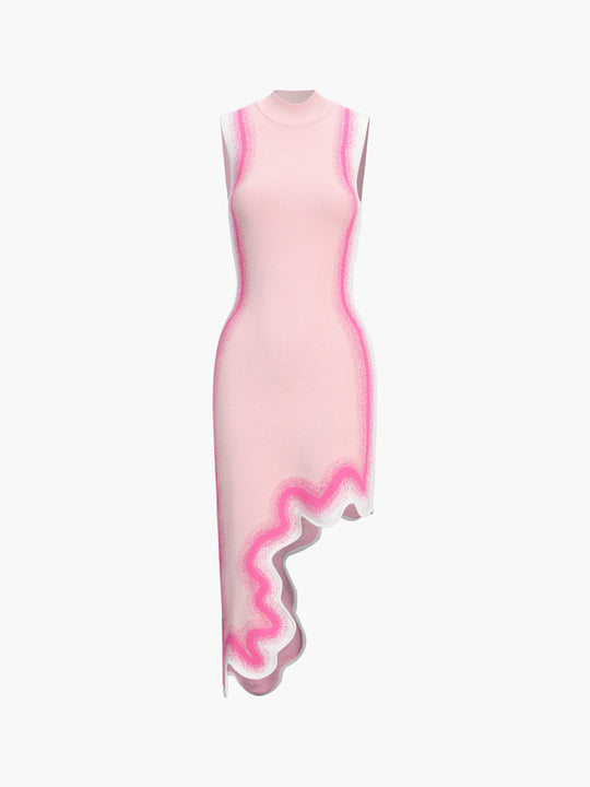 Dalgalı Kenar Örme Kolsuz Midi Elbise Pembe Slim Fit - SvelteChic Kadın Giyim