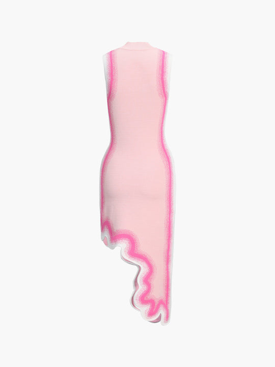 Dalgalı Kenar Örme Kolsuz Midi Elbise Pembe Slim Fit Detay Görünüm - SvelteChic