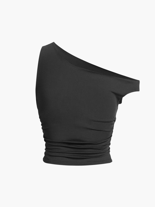 Asimetrik Tek Omuz Kolsuz Kısa Üst Siyah Detay Görünüm - SvelteChic