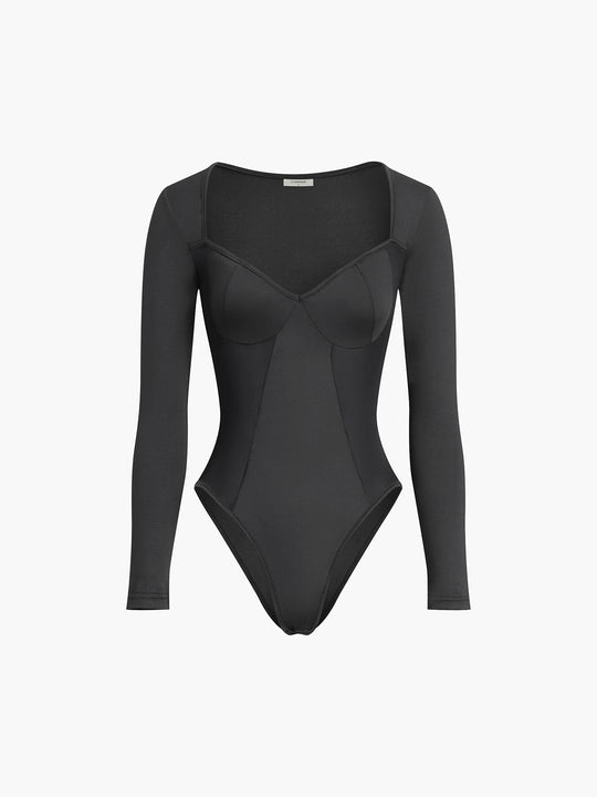 Kalp Yaka Uzun Kollu Bodysuit Siyah Yama İşi - SvelteChic Kadın Giyim