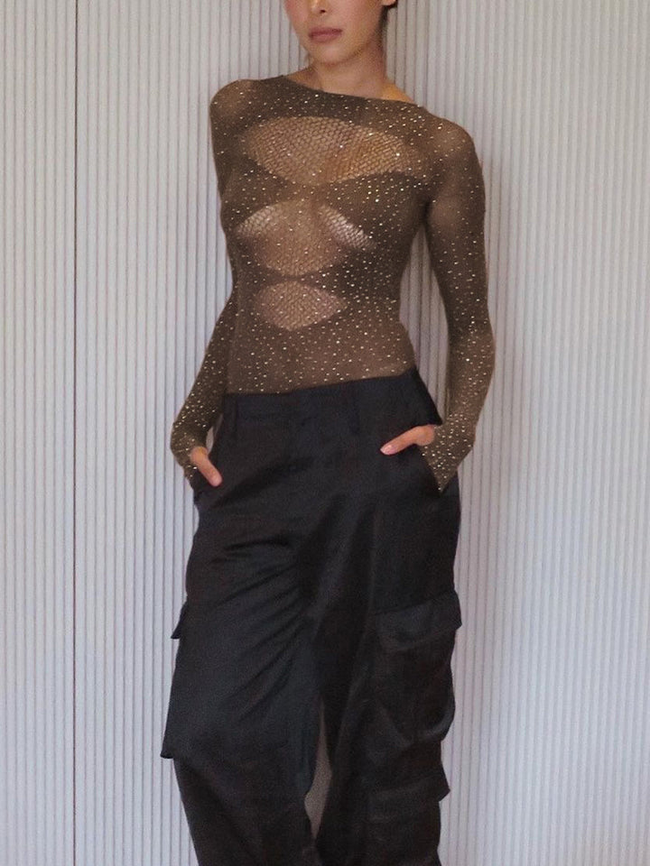 Parlak Taşlı Transparan Bodysuit Haki Uzun Kollu Kombin - SvelteChic