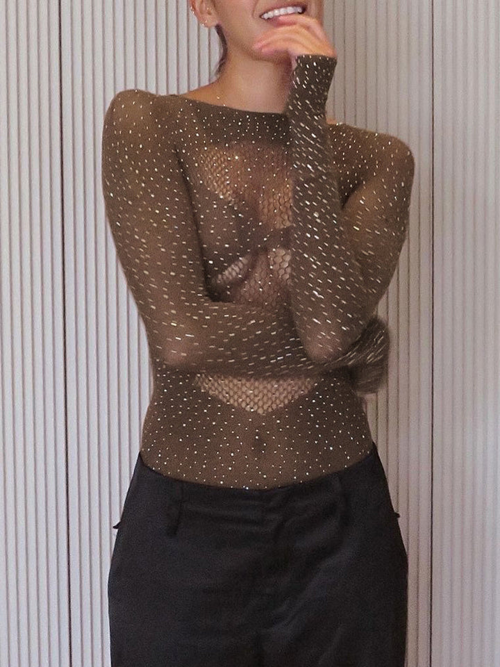 Parlak Taşlı Transparan Bodysuit Haki Uzun Kollu Görsel 4 - SvelteChic
