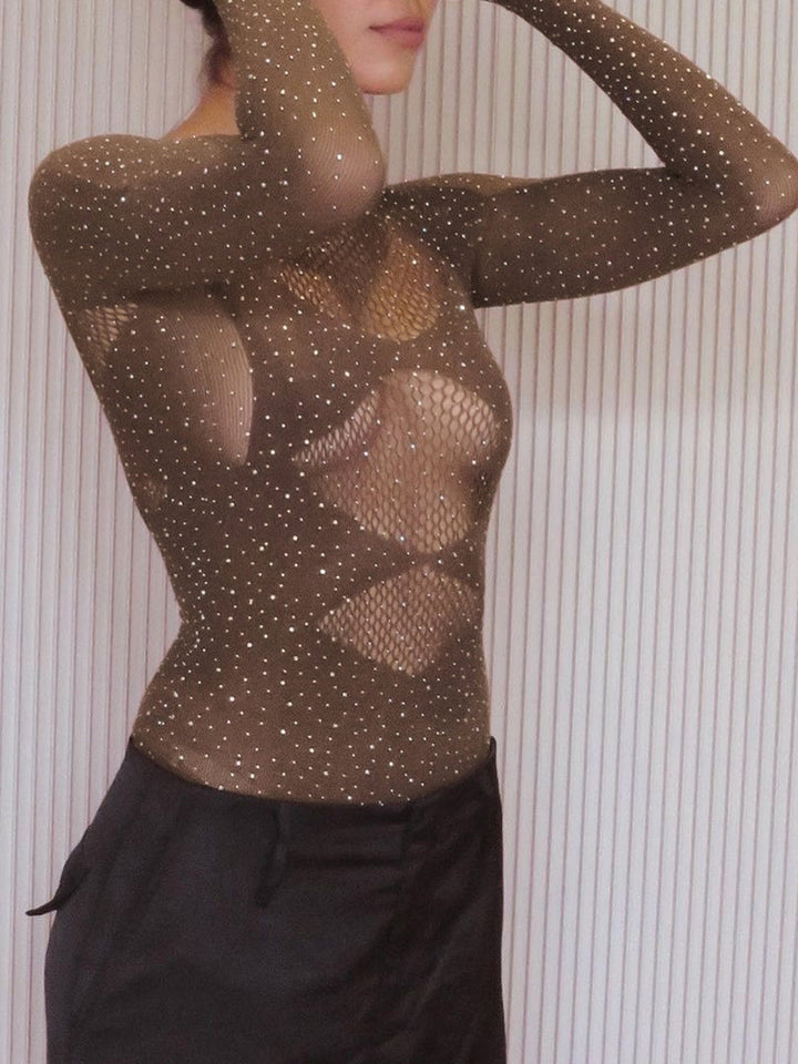 Parlak Taşlı Transparan Bodysuit Haki Uzun Kollu Görsel 5 - SvelteChic